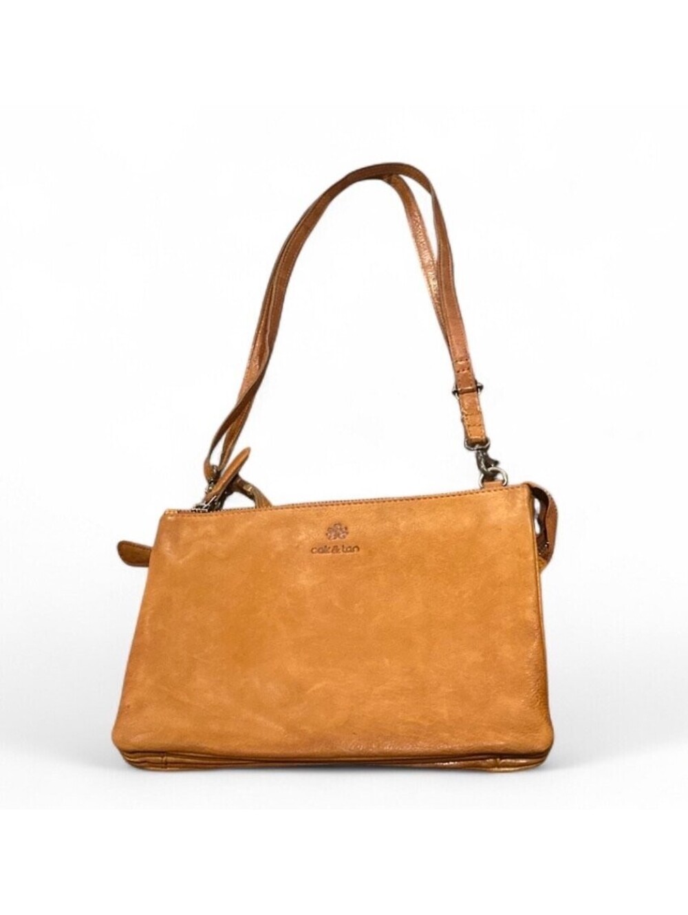 $350 Oak & Tan Cognac Leather Shoulder Bag 3 Zipper Compartments Excellent Cond.